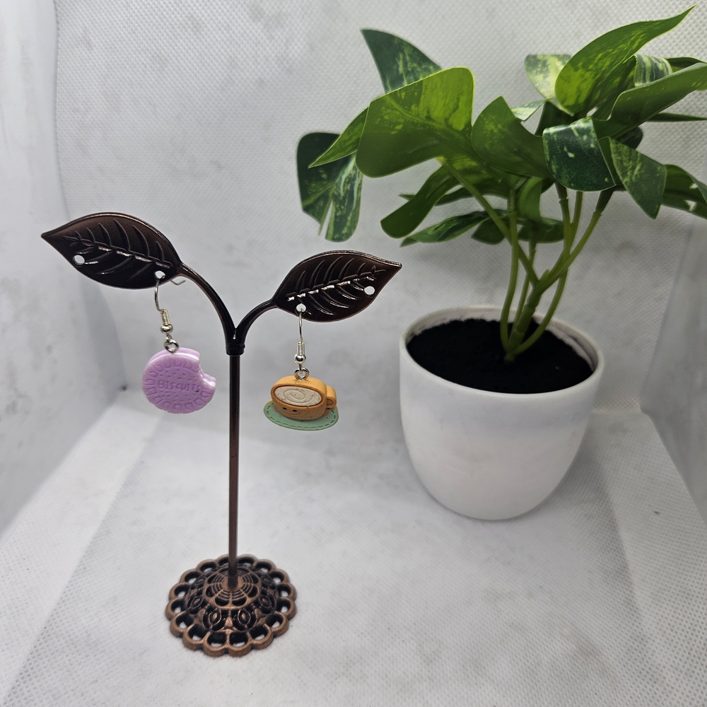 Playful Purple Biscuit & Orange Coffee Cup Dangle Earrings